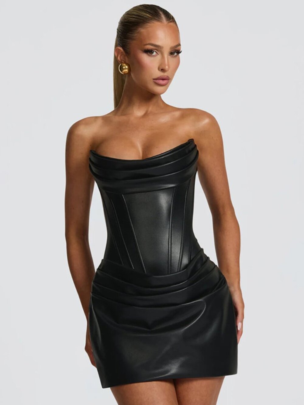 Strapless Black Faux Leather Corset Mini Dress